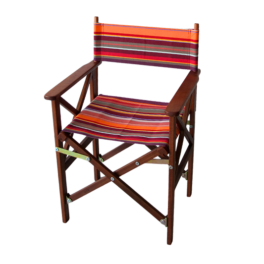 Hardwood folding directors chair with colourful striped cotton fabric featuring red, orange, and multicoloured stripes on a white background