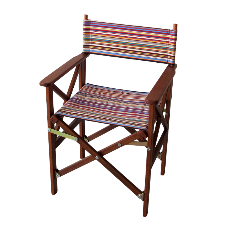 A hardwood foldaway director's chair with a hardwood frame and multicoloured striped cotton fabric.