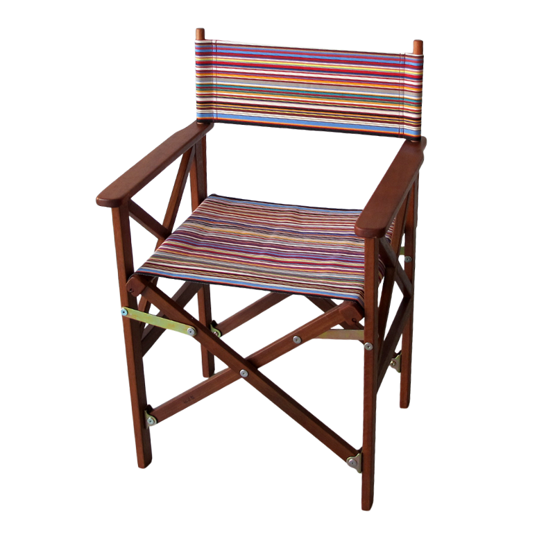 A hardwood foldaway director's chair with a hardwood frame and multicoloured striped cotton fabric.