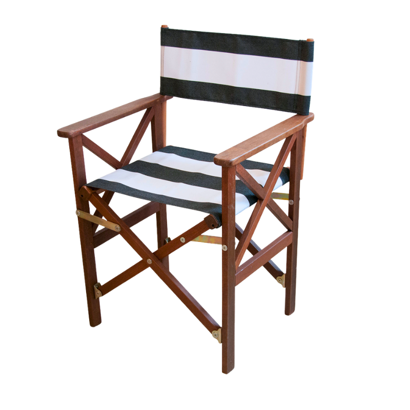 A foldable hardwood director's chair with a acrylic charcoal and white striped seat and backrest. 