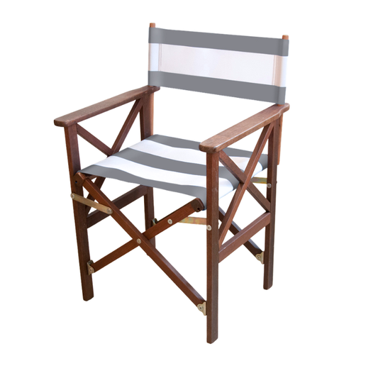 A foldable hardwood director's chair with synthetic light grey and white striped fabric seat and backrest.