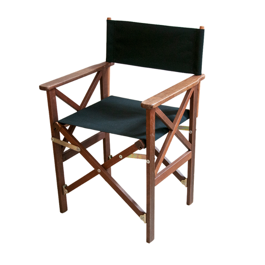 A wooden folding director's chair with  black acrylic fabric seat and backrest.