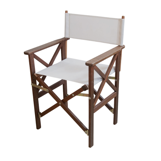 A foldaway hardwood director's chair with a white waterproof acrylic Sunbrella solid fabric seat.