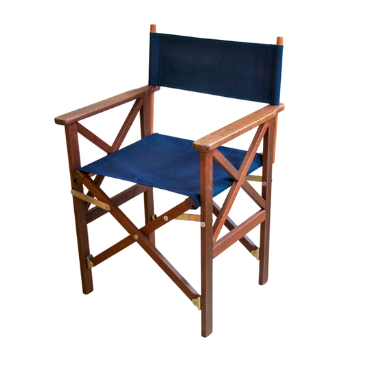 A navy blue folding director's chair with a hardwood frame and armrests, photographed against a white background.