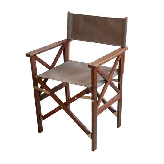 A foldaway director's chair with a teak wood frame and a waterproof acrylic Sunbrella taupe seat and backrest.
