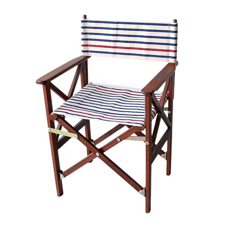Hardwood director's chair featuring a nautical style blue, ecru/off-white, and red striped cotton fabric