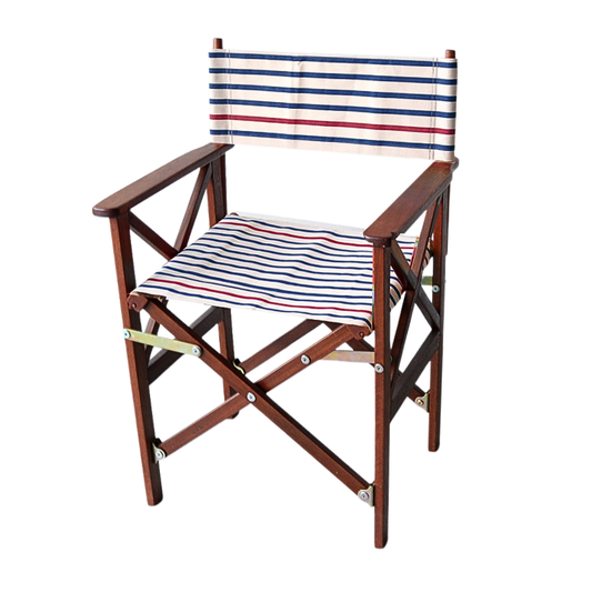 Hardwood director's chair featuring a nautical style blue, ecru/off-white, and red striped cotton fabric