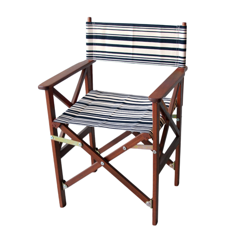 A wooden folding director's chair with a black and cream striped fabric seat and backrest, shown on a plain white background.