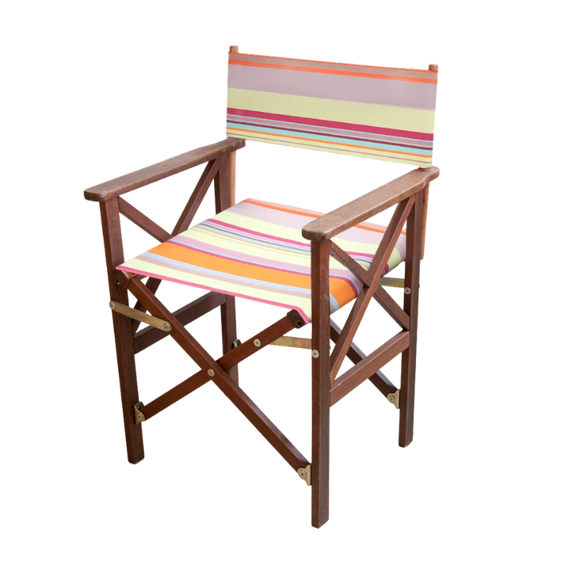 Hardwood folding directors chair with striped fabric featuring multicolours of pinks, soft yellows, teal and orange, on a white background