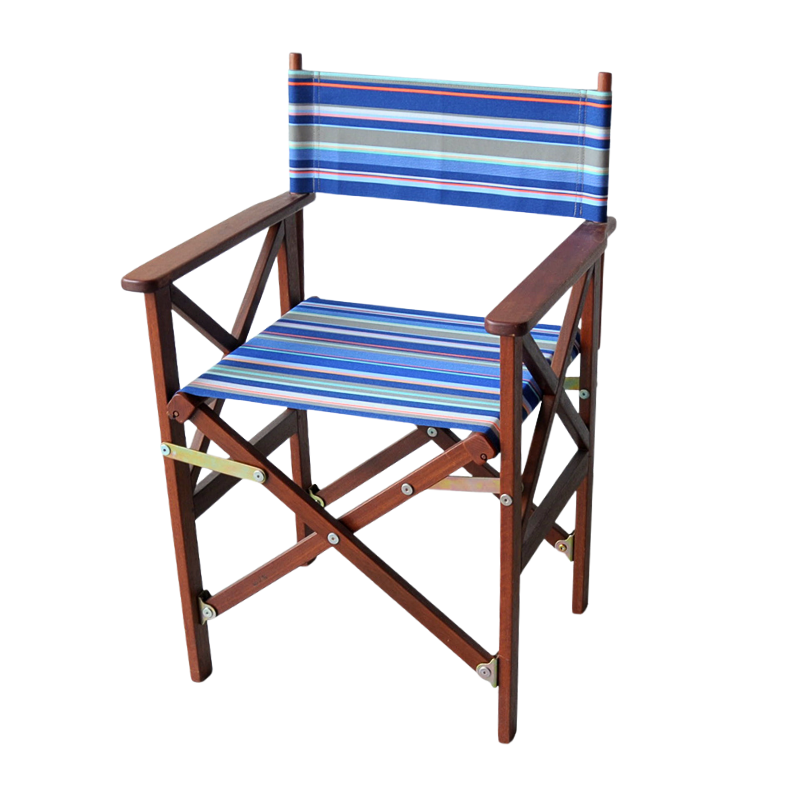 A hardwood folding director's chair with a brown hardwood frame and hues of blue, orange, grey, and pink striped synthetic fabric seat.