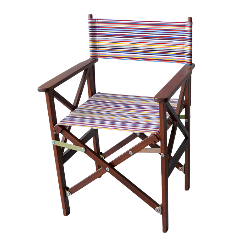 A foldable hardwood director's chair with a vibrant multicoloured striped Sunbrella waterproof acrylic fabric sling.