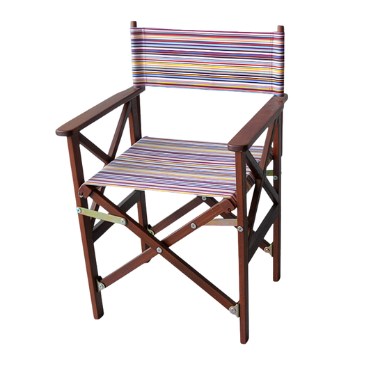 A foldable hardwood director's chair with a vibrant multicoloured striped Sunbrella waterproof acrylic fabric sling.