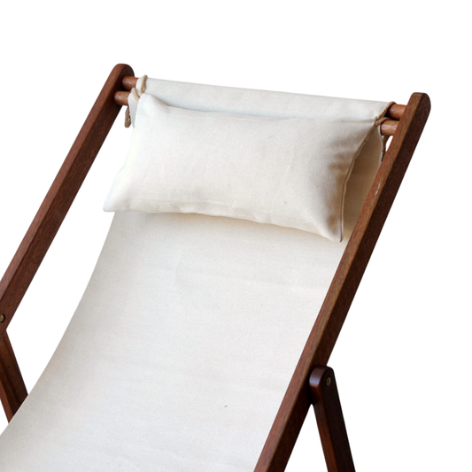 Ici et la teak deckchair with head pillow made from the Oxford - A natural/ecru coloured 100% cotton 43cm fabric  by Les Toiles du Soleil