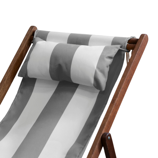 Deckchair with head cushion. Matching fabric light grey and white block stripes