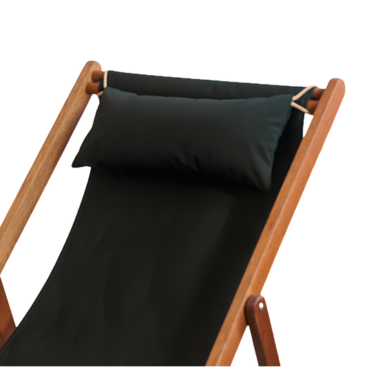 Black outdoor Sunbrella deckchair fabric with matching head pillow on ici et la wooden deckchair