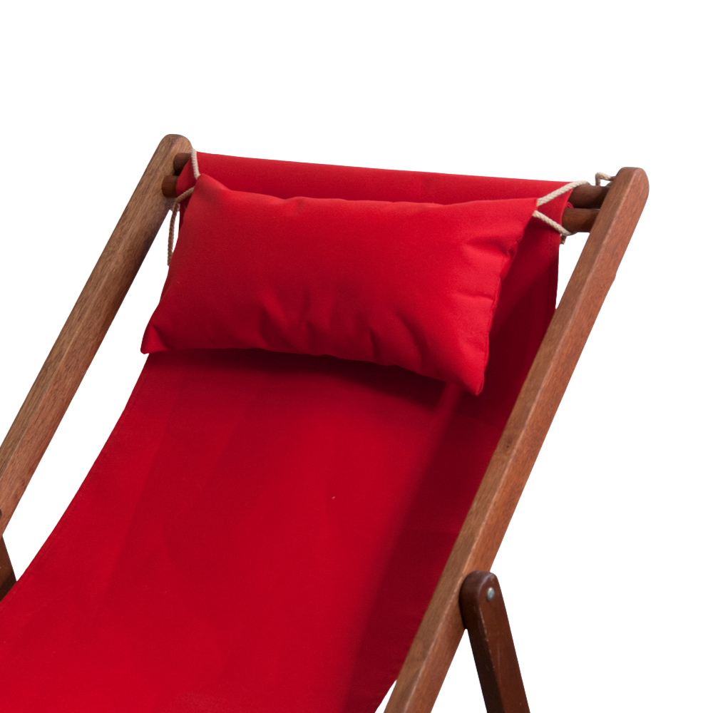 Sunbrella red synthetic head cushion and deckchair sling placed on ici et la wooden deck chair.