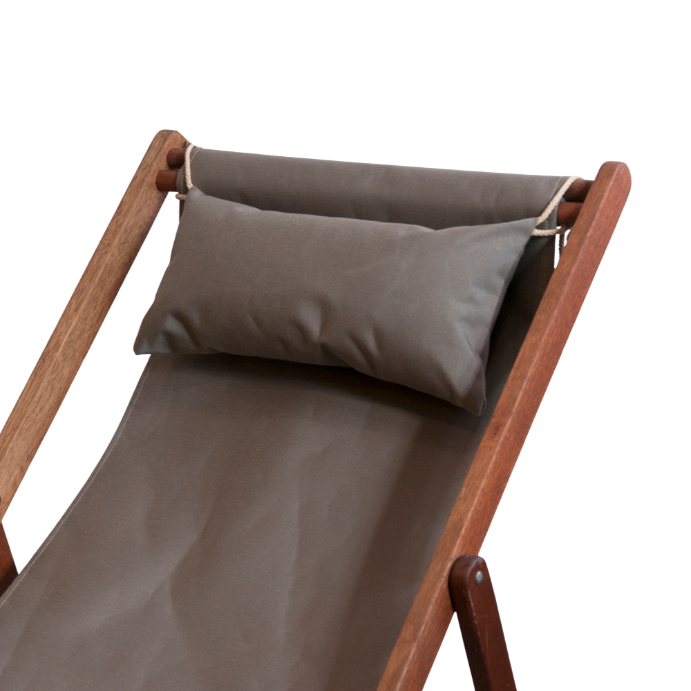 A solid synthetic taupe head cushion attached to a wooden deckchair frame. On a white background