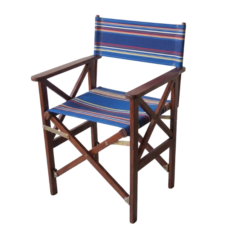 Hardwood directors chair with outdoor Sunbrella x Les Toiles du Soleil fabric. Featuring multiple stripes of reds, blues, green, orange, and red.