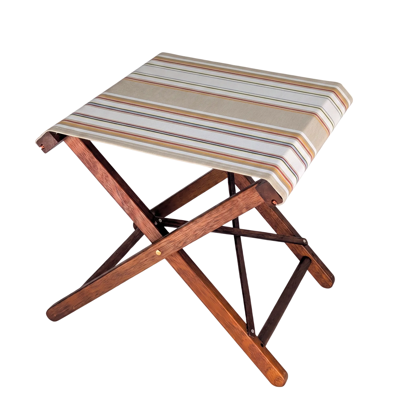Harwood folding stool featuring cotton 43cm fabric with beige, cream, yellow and other warm stripes. 