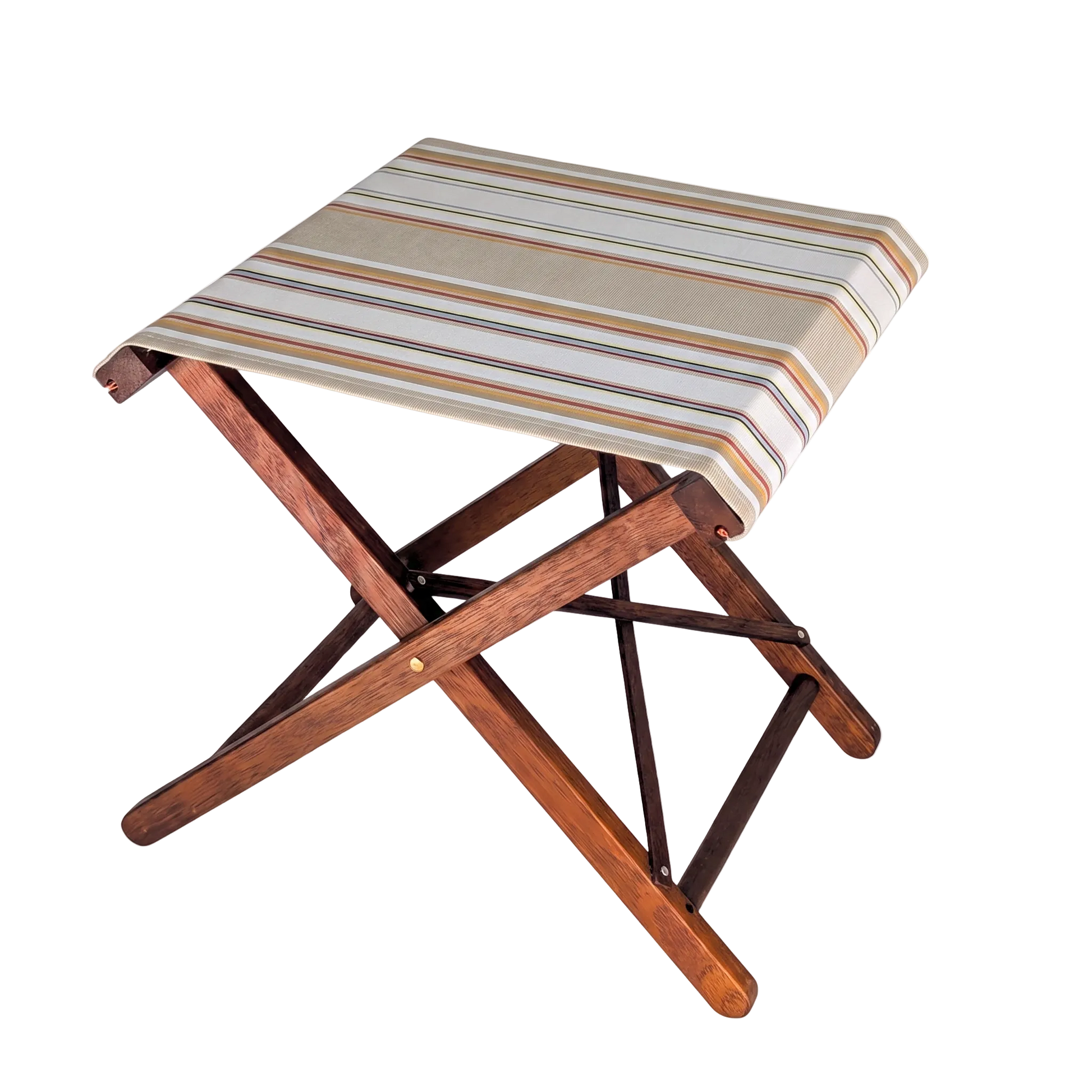 Harwood folding stool featuring cotton 43cm fabric with beige, cream, yellow and other warm stripes. 