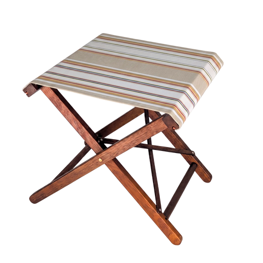 Harwood folding stool featuring cotton 43cm fabric with beige, cream, yellow and other warm stripes. 