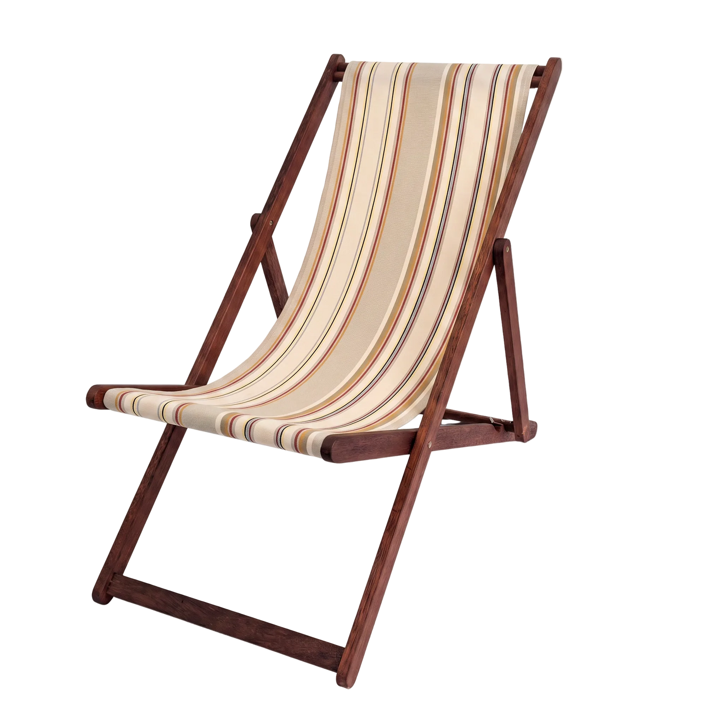 A wooden folding deck chair with a cream-colored fabric sling seat featuring vertical stripes in brown, orange, and blue, set against a plain white background.