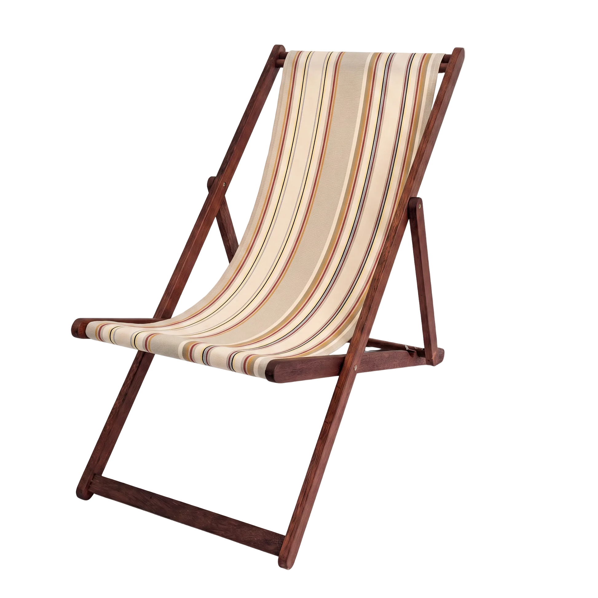 A wooden folding deck chair with a cream-colored fabric sling seat featuring vertical stripes in brown, orange, and blue, set against a plain white background.