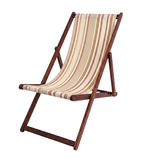A wooden folding deck chair with a cream-colored fabric sling seat featuring vertical stripes in brown, orange, and blue, set against a plain white background.
