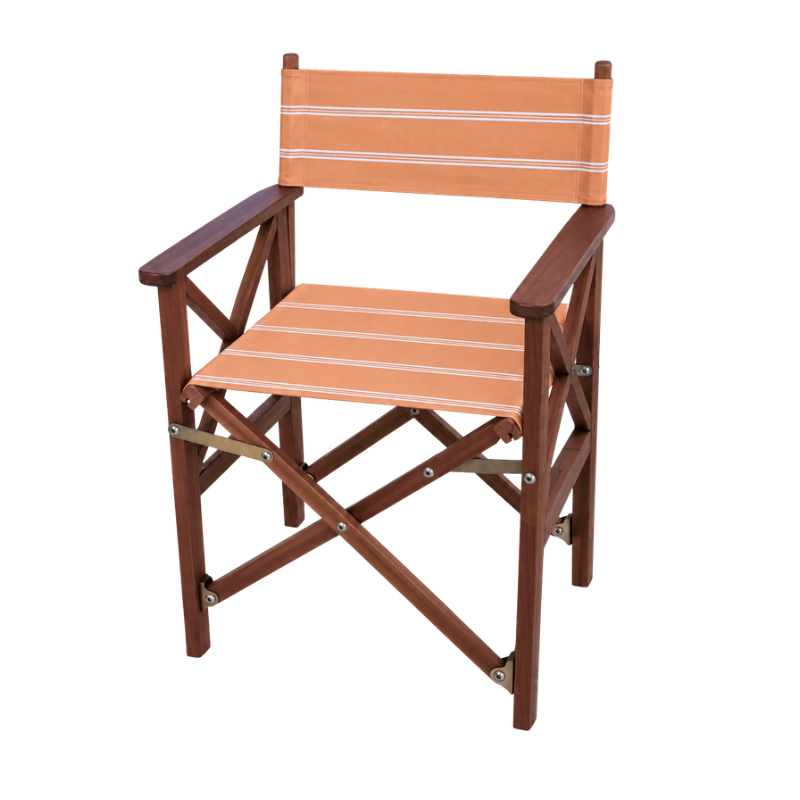 Hardwood directors chair with Sunbrella peach Horizon Blé water proof coloured slings. On a plain background
