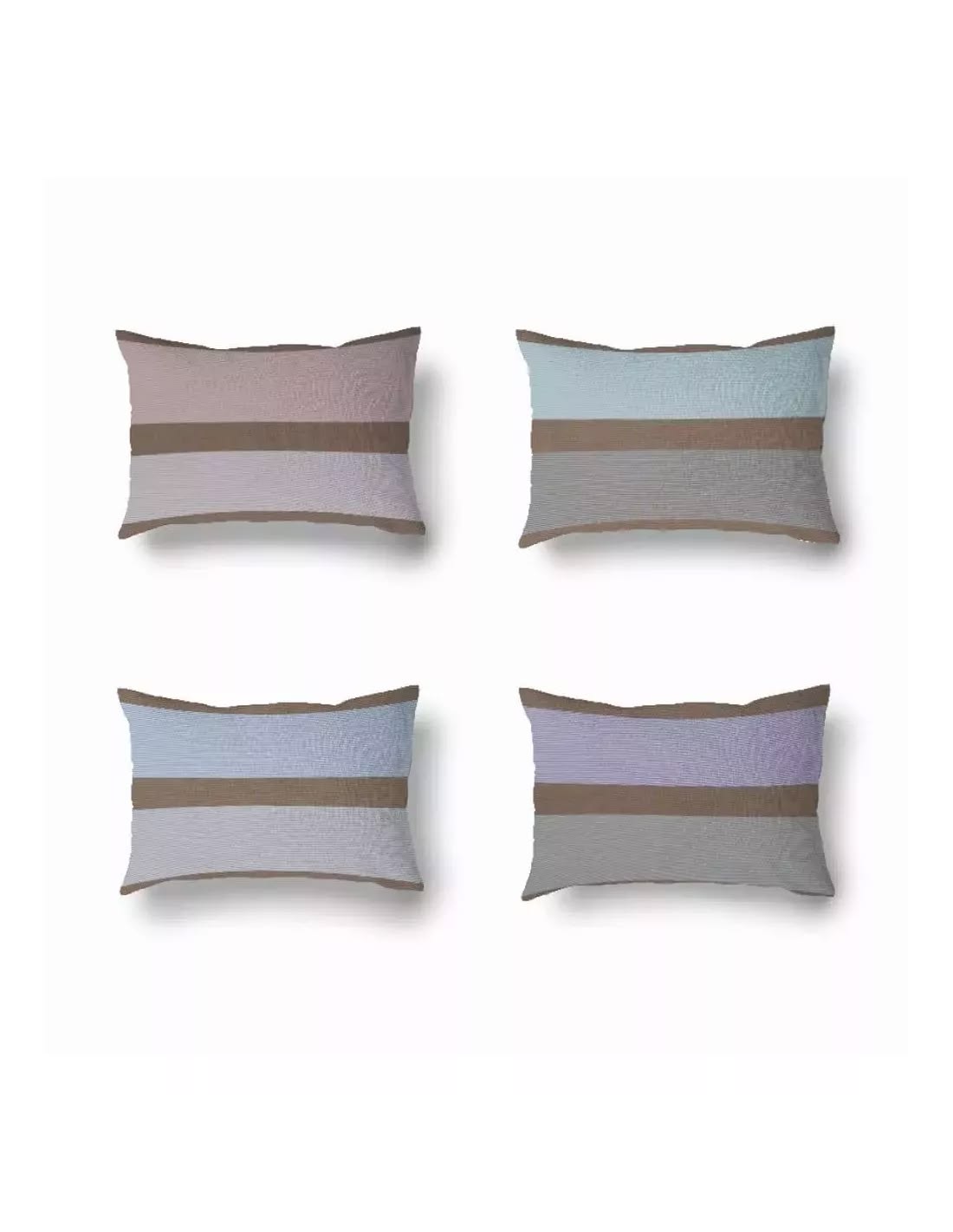 4 Cushions made from Hiver, a striped cotton Les Toiles du Soleil Fabric made up of pale blush, cool blues, soft lilac and warm taupe. 