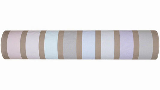 A roll of Hiver, a striped cotton Les Toiles du Soleil Fabric made up of pale blush, cool blues, soft lilac and warm taupe. 