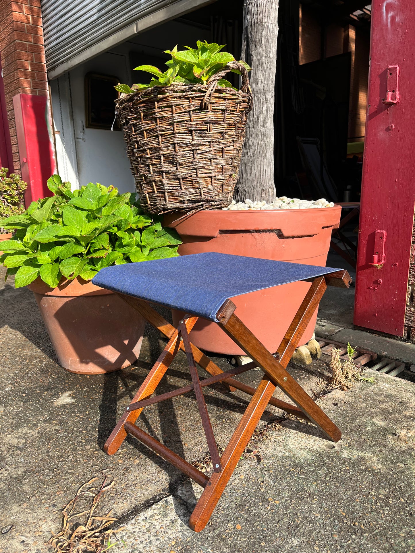 BLACK FRIDAY SPECIAL - Hardwood Stool Outdoor Denim Synthetic Sling