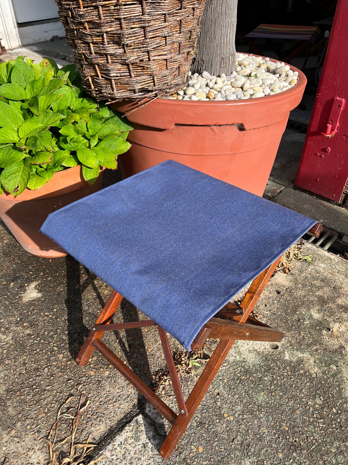BLACK FRIDAY SPECIAL - Hardwood Stool Outdoor Denim Synthetic Sling