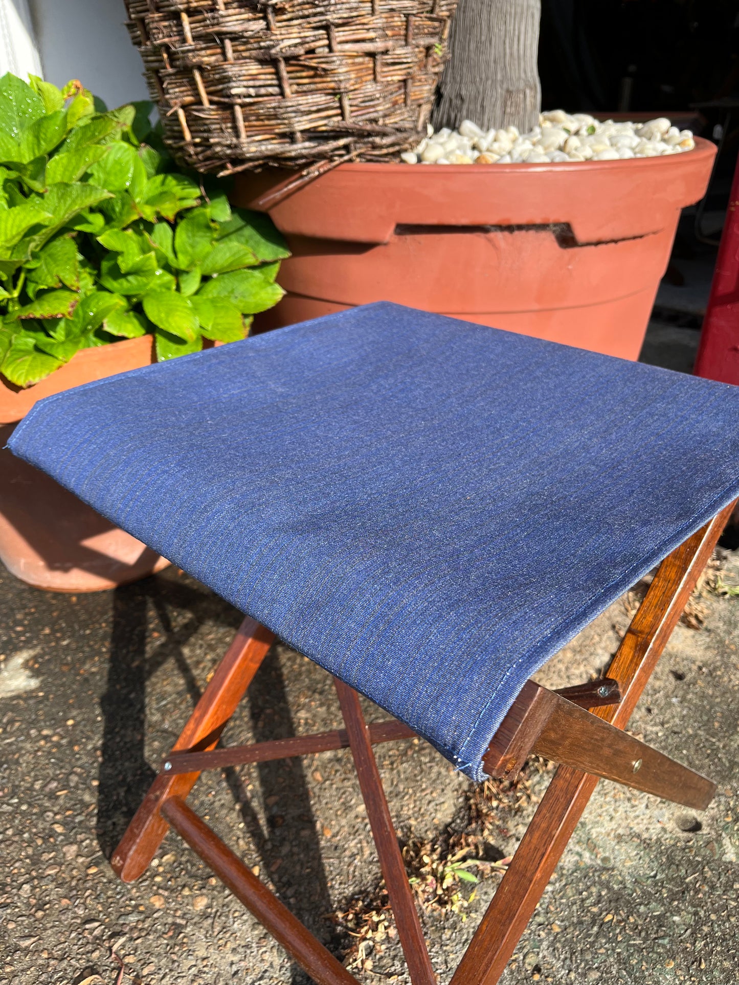 BLACK FRIDAY SPECIAL - Hardwood Stool Outdoor Denim Synthetic Sling