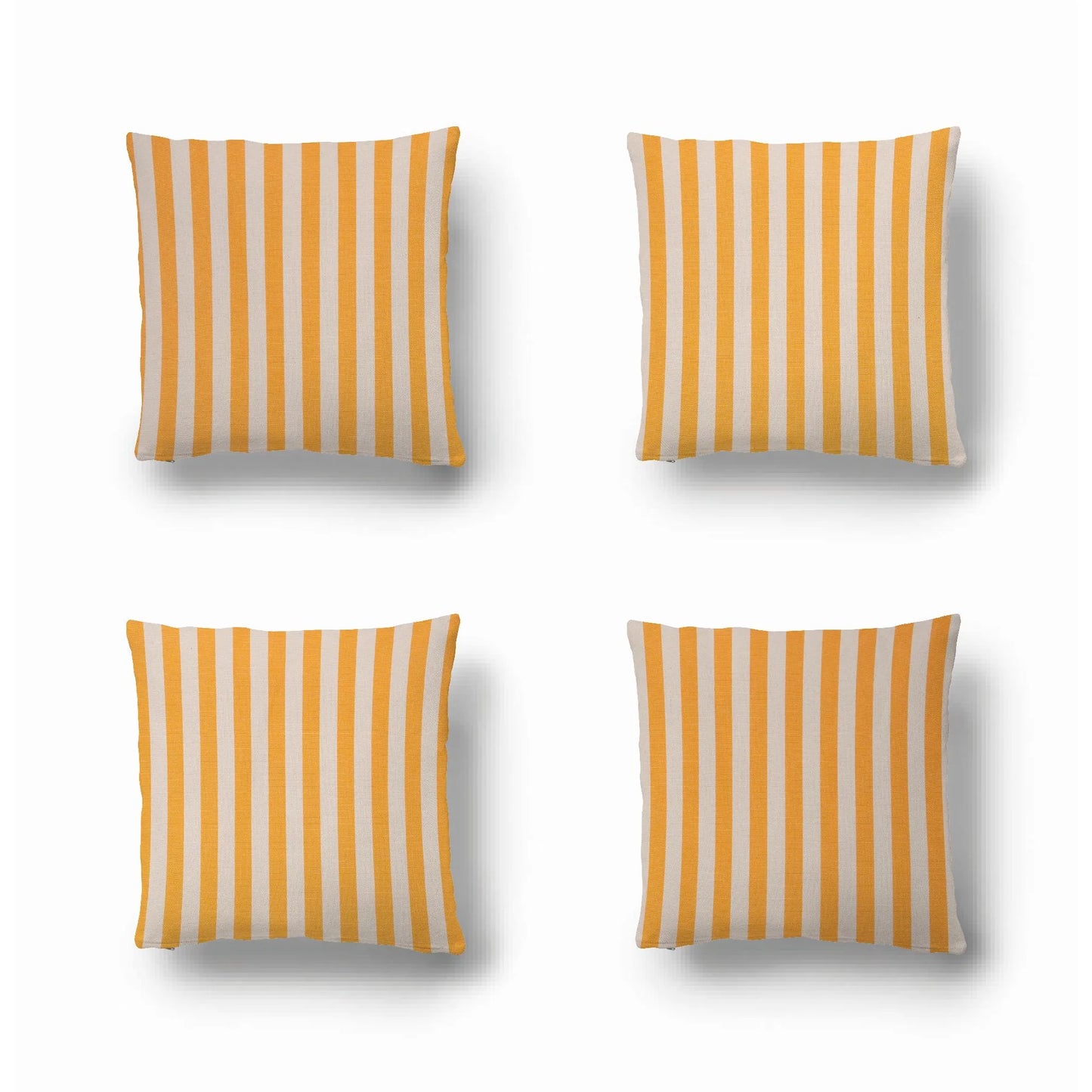 Four cushions made in Isola Bella - a 43cm fabric cotton roll made by Les Toiles do Soleil. It is striped in saffron yellow and off white.
