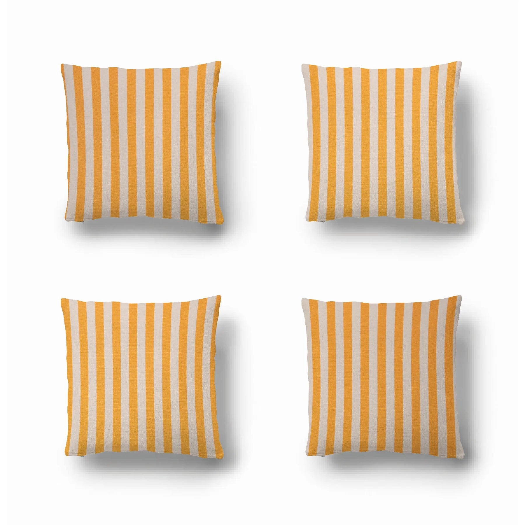 Four cushions made in Isola Bella - a 43cm fabric cotton roll made by Les Toiles do Soleil. It is striped in saffron yellow and off white.