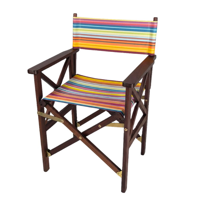 Hardwood directors chair with Jour de Fete fabric. Outdoor multicoloured striped fabric by Les Toiles du Soleil and Sunbrella. On a white background