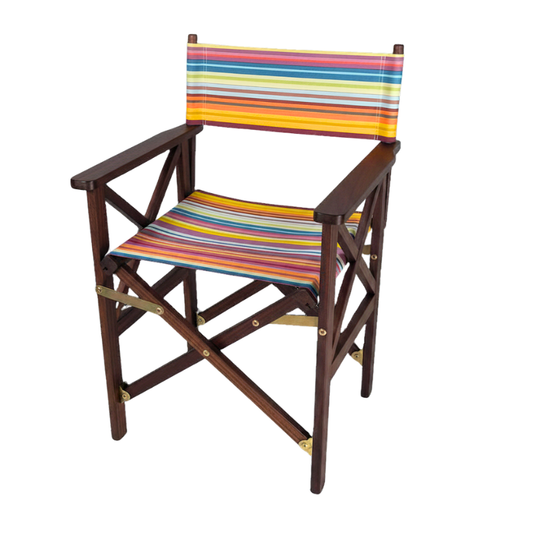 Hardwood directors chair with Jour de Fete fabric. Outdoor multicoloured striped fabric by Les Toiles du Soleil and Sunbrella. On a white background