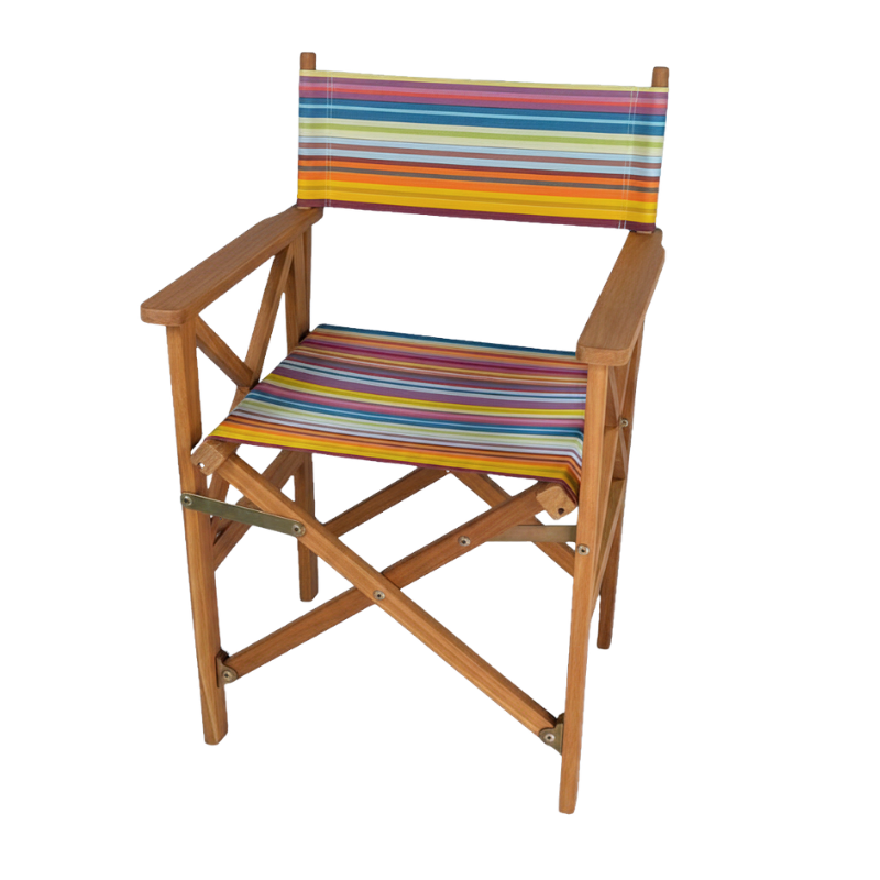 Teak deckchair with multicoloured outdoor Les toiles du soleil and sunbrella fabric. On a white background
