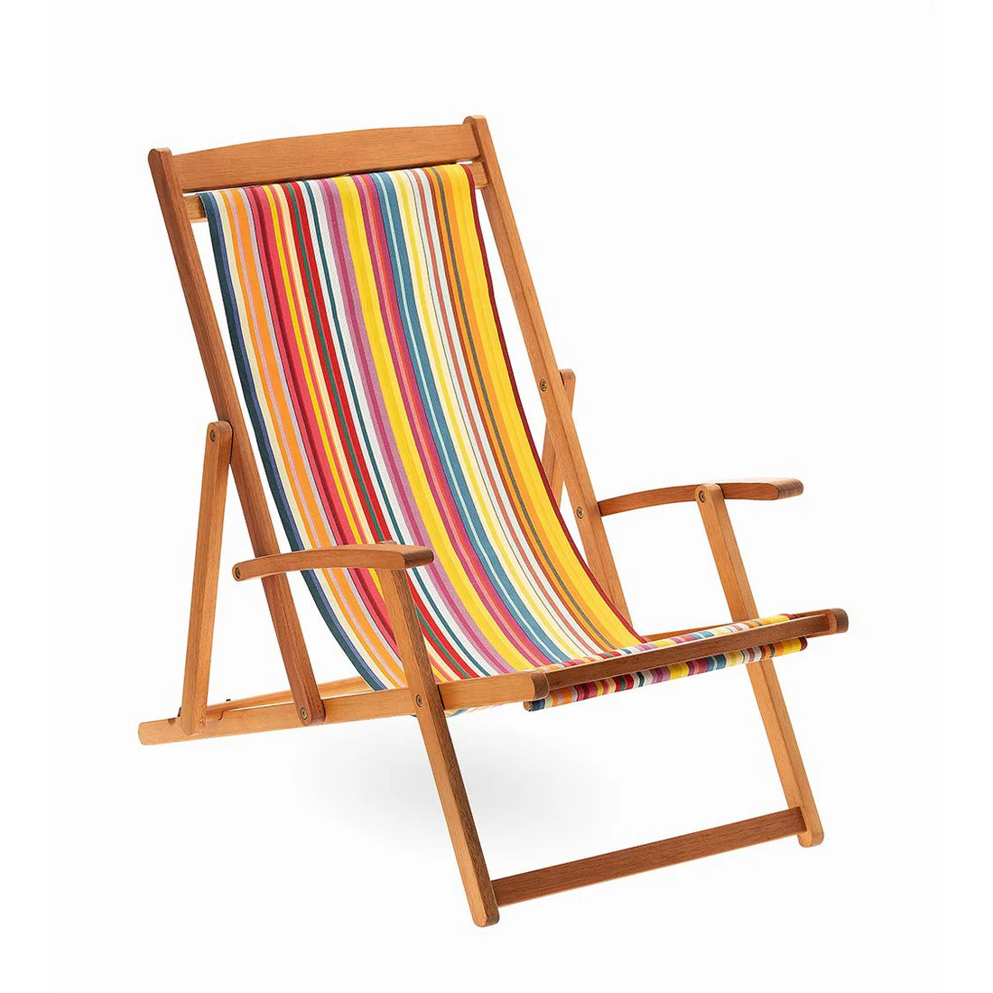 Wooden deckchair with colourful striped fabric. Featuring thin strips of yellow, purple, blue, orange and other vibrant colours