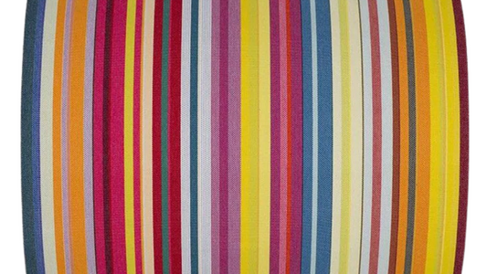 Colourful striped fabric on a white background. Featuring thin strips of yellow, purple, blue, orange and other vibrant colours