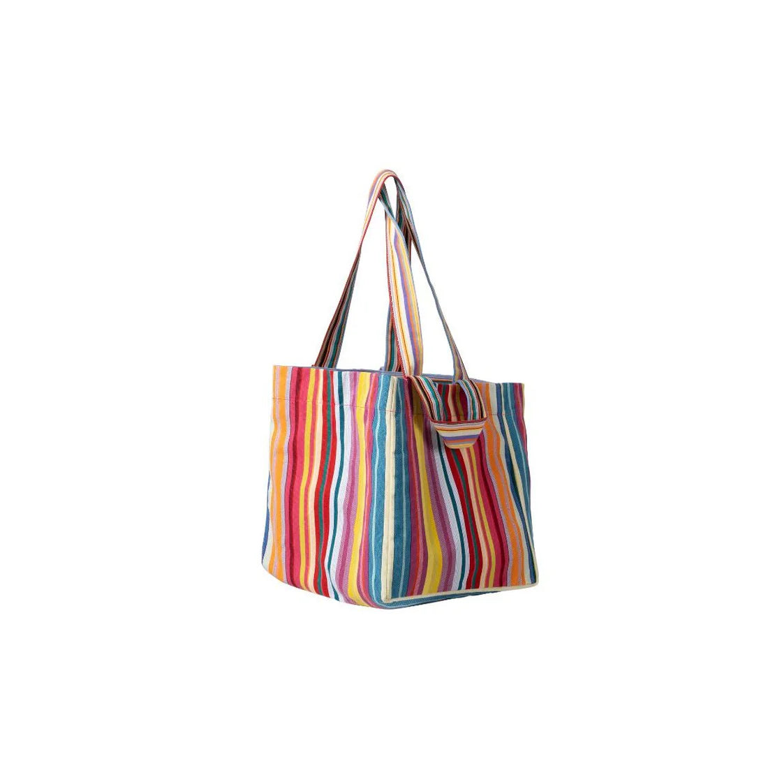 Large tote bag made from with colourful striped fabric featuring thin strips of yellow, purple, blue, orange and other vibrant colours