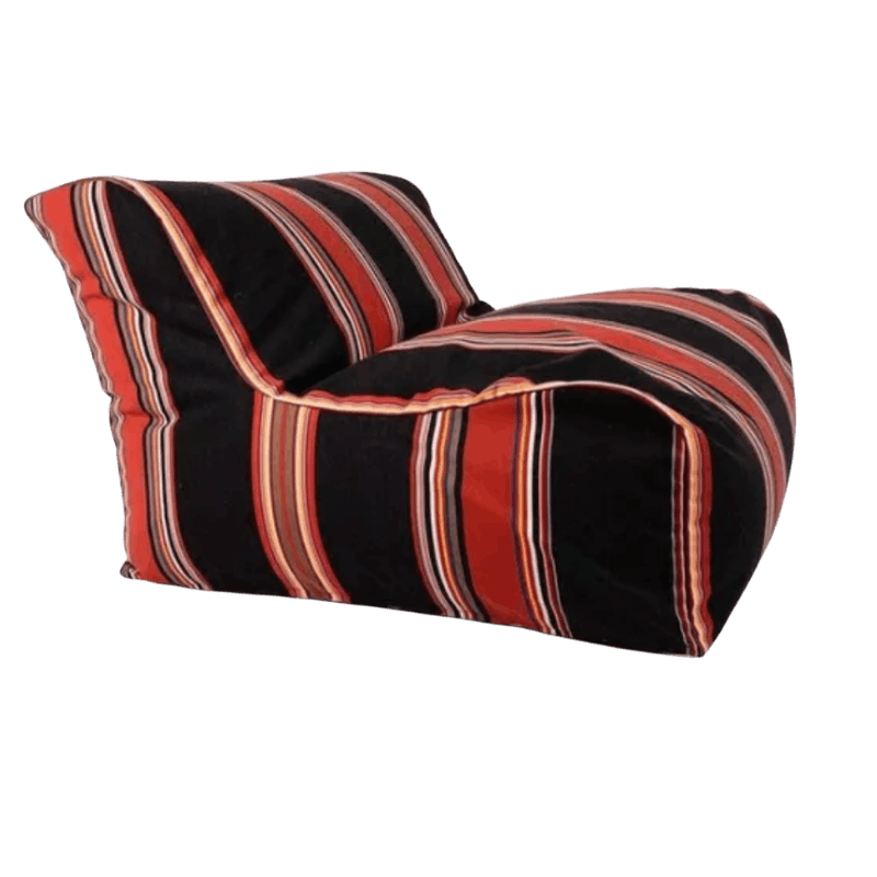 Large soft armchair made from the Jules black and warm tones multi striped Les Toiles du Soleil and Sunbrella fabric