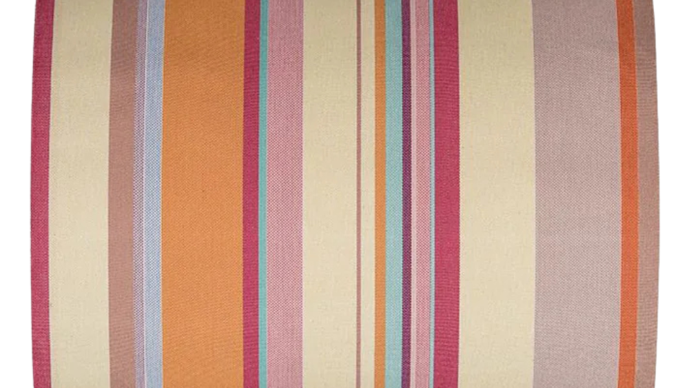 Striped fabric with multicolours featuring pinks, soft yellows, teal and orange, on a white background