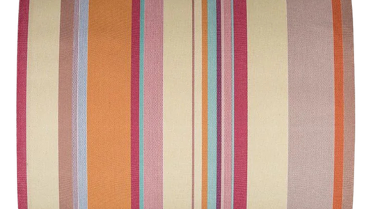 Striped fabric with multicolours featuring pinks, soft yellows, teal and orange, on a white background