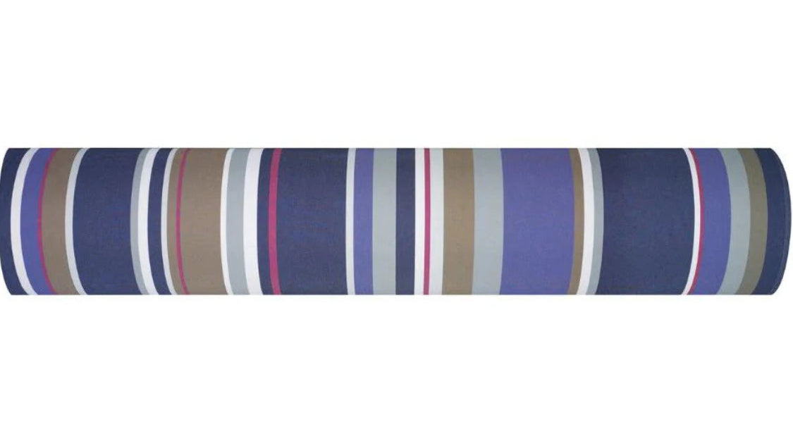 Jupiter cotton fabric roll by Les Toiles du Soleil. Multi coloured stripes of navy, periwinkle blue, magenta, beige, grey and white
