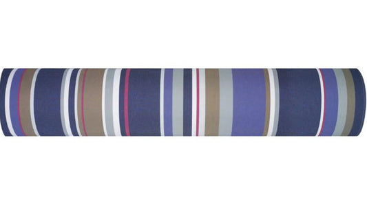Jupiter cotton fabric roll by Les Toiles du Soleil. Multi coloured stripes of navy, periwinkle blue, magenta, beige, grey and white