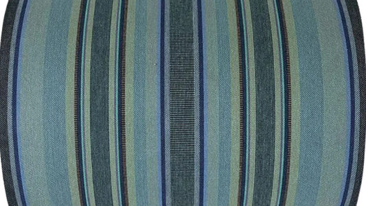 Multi-coloured striped cotton fabric roll. Featuring a variety of blues, turquoise, and shades of greens with a detailed weave. 