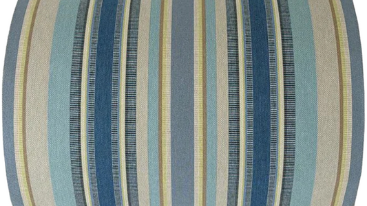 Cotton fabric roll of multi striped shades of blue, lavender, yellow and beige. A textured weave by Les Toiles du Soleil. 
