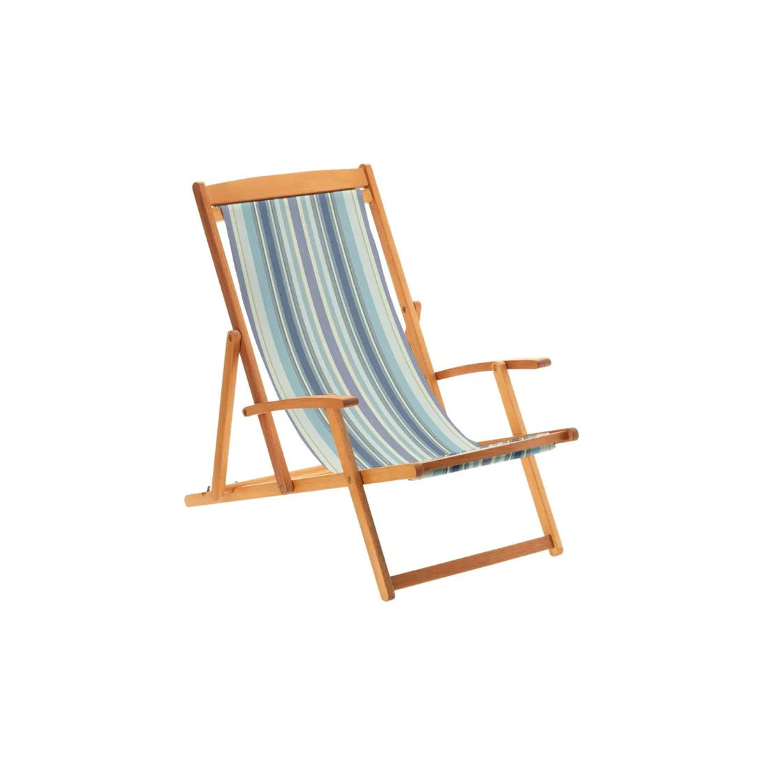 Wooden deckchair showcasing cotton fabric roll of multi striped shades of blue, lavender, yellow and beige. A textured weave by Les Toiles du Soleil. On a white background